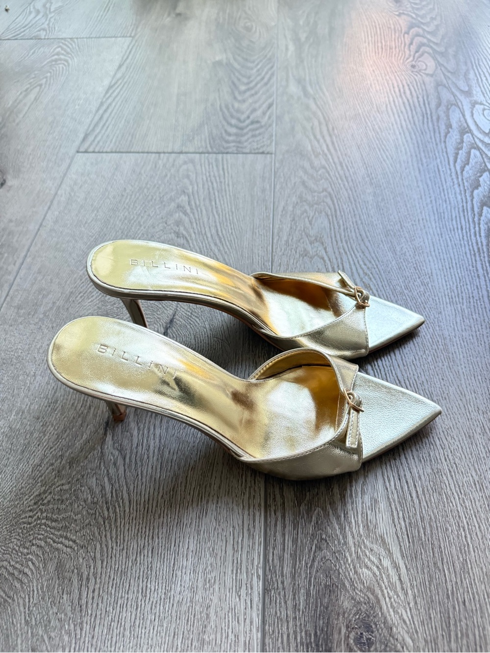 billini eliora gold metallic pointed toe slip on mules high heel shoes size 6